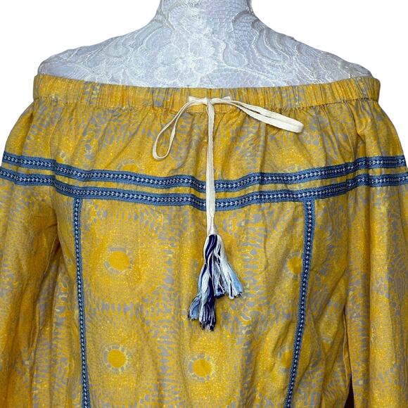 LemLem Makena Off Shoulder Long Sleeve Blouse Yellow Blue Trim Women Small NWOT - Picture 4 of 9
